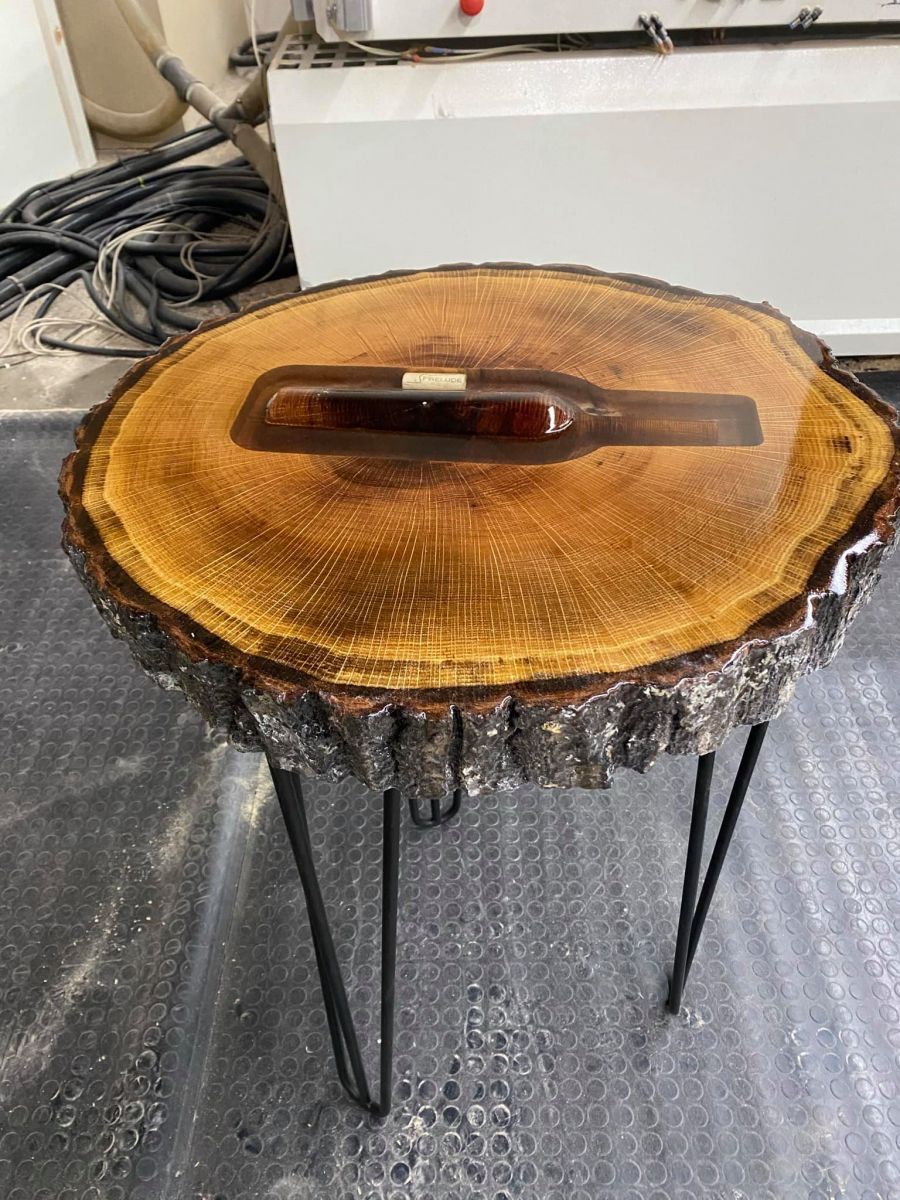 Tree Slab & Epoxy Side Table w/ Wine Bottle